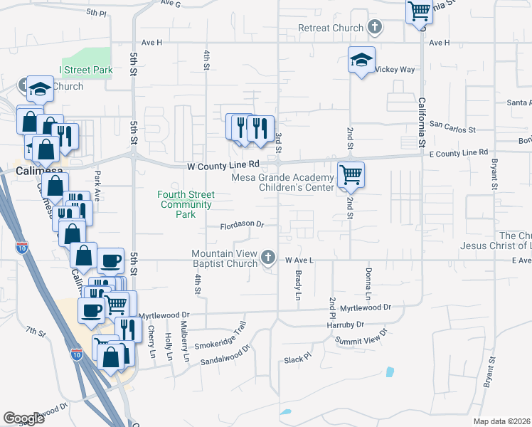 map of restaurants, bars, coffee shops, grocery stores, and more near 323 Rogers Lane in Calimesa