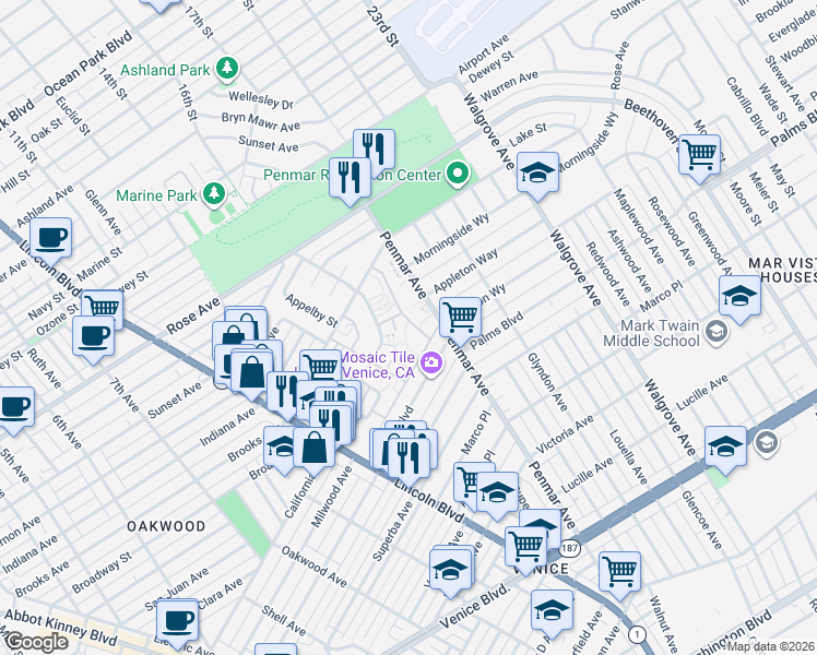 map of restaurants, bars, coffee shops, grocery stores, and more near 1422 Elkgrove Circle in Los Angeles