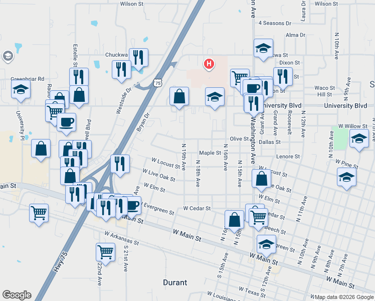 map of restaurants, bars, coffee shops, grocery stores, and more near 1822 Maple Street in Durant