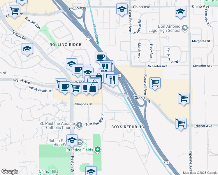 map of restaurants, bars, coffee shops, grocery stores, and more near 3650 Grand Avenue in Chino Hills