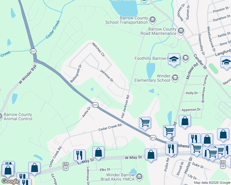 map of restaurants, bars, coffee shops, grocery stores, and more near 238 Bayou Lane in Winder