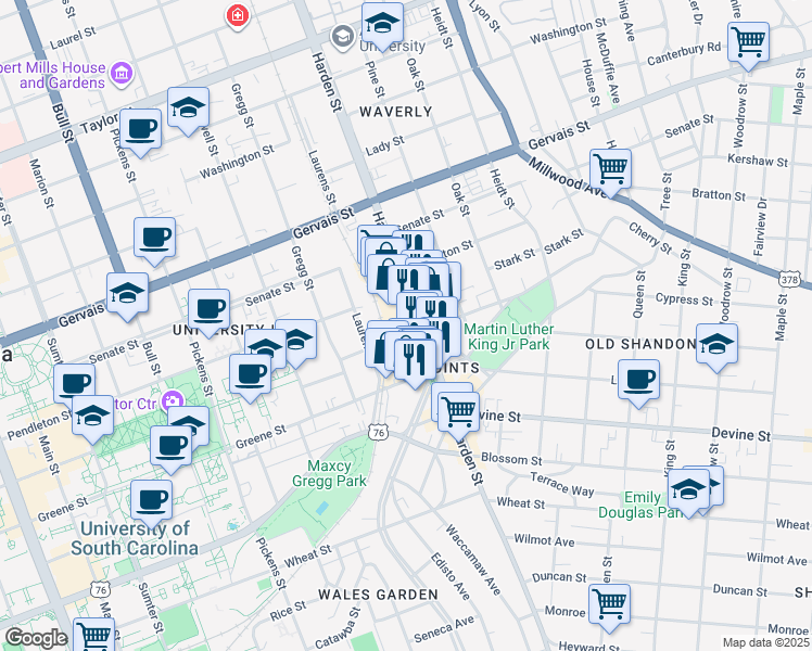 map of restaurants, bars, coffee shops, grocery stores, and more near 901 Harden Street in Columbia