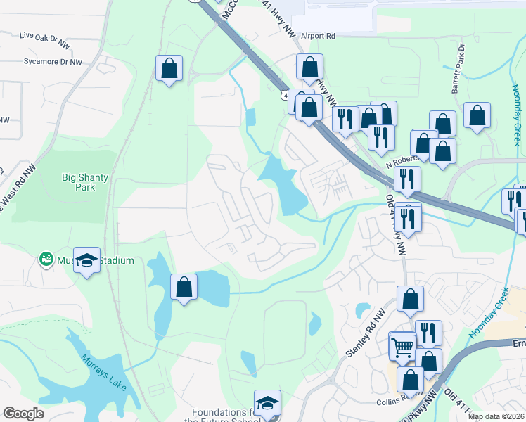 map of restaurants, bars, coffee shops, grocery stores, and more near 2060 Lakeshore Overlook Drive in Kennesaw