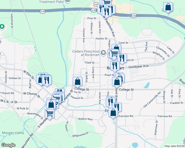 map of restaurants, bars, coffee shops, grocery stores, and more near 326 Pearl Street in Rockmart