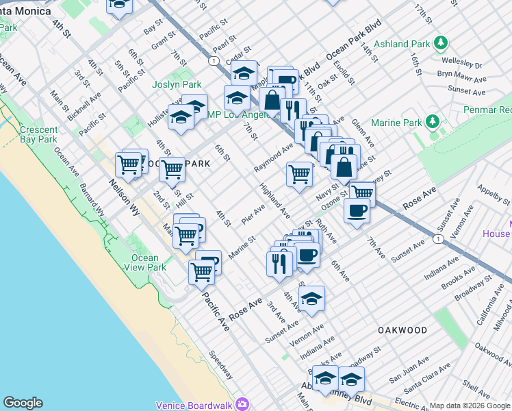 map of restaurants, bars, coffee shops, grocery stores, and more near 2929 6th Street in Santa Monica