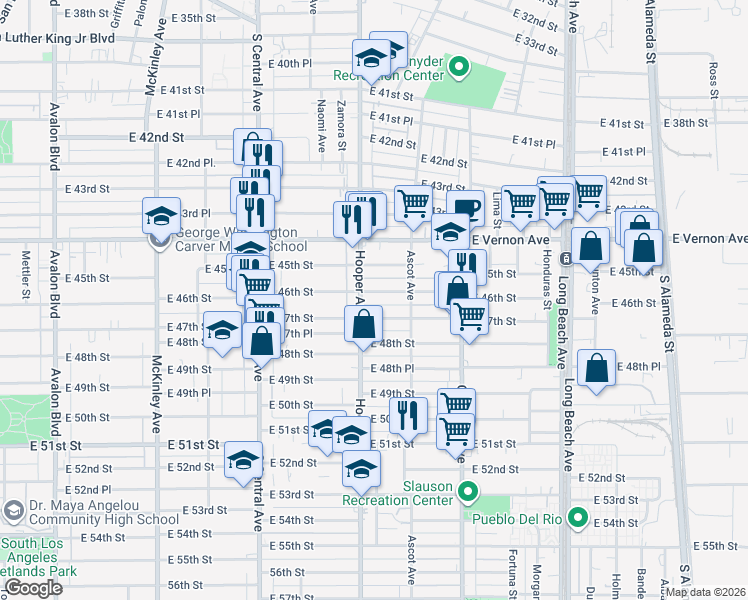 map of restaurants, bars, coffee shops, grocery stores, and more near 1350 East 46th Street in Los Angeles