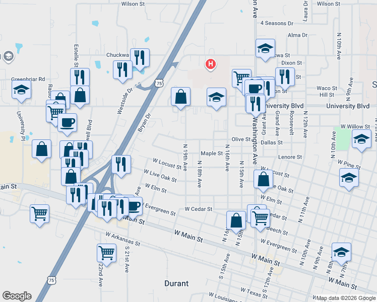 map of restaurants, bars, coffee shops, grocery stores, and more near 1822 Maple Street in Durant