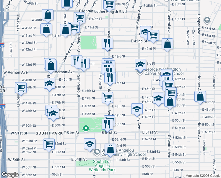 map of restaurants, bars, coffee shops, grocery stores, and more near 631 East 46th Street in Los Angeles