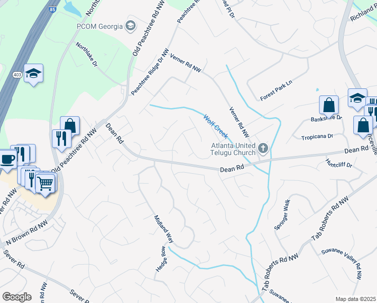 map of restaurants, bars, coffee shops, grocery stores, and more near 2330 Evergreen Lane in Lawrenceville