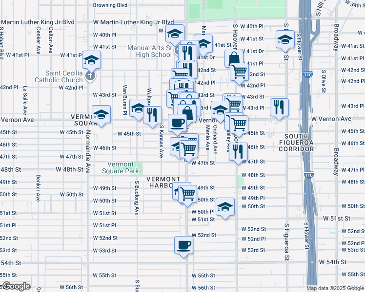 map of restaurants, bars, coffee shops, grocery stores, and more near 4529 South Vermont Avenue in Los Angeles