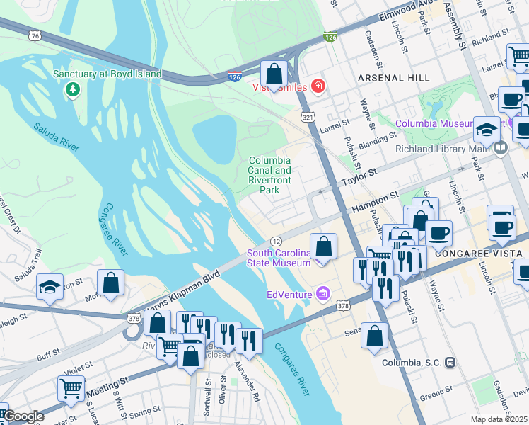 map of restaurants, bars, coffee shops, grocery stores, and more near 325 Taylor Street in Columbia