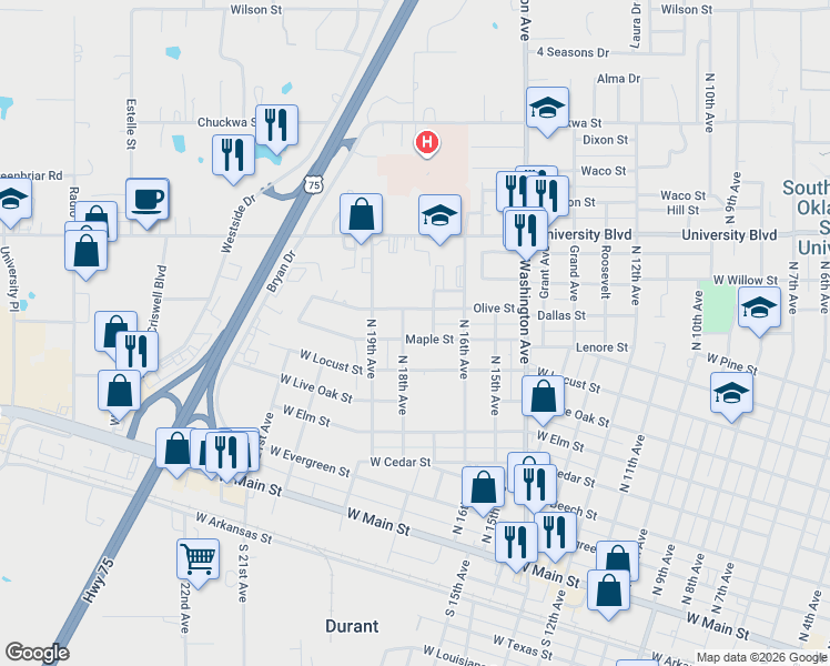 map of restaurants, bars, coffee shops, grocery stores, and more near 1720 Maple Street in Durant