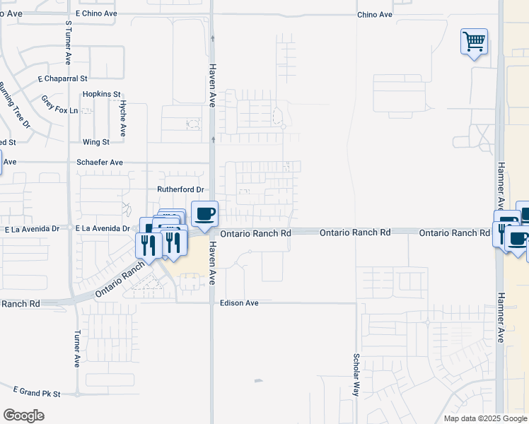 map of restaurants, bars, coffee shops, grocery stores, and more near 3605 East Delight Paseo in Ontario