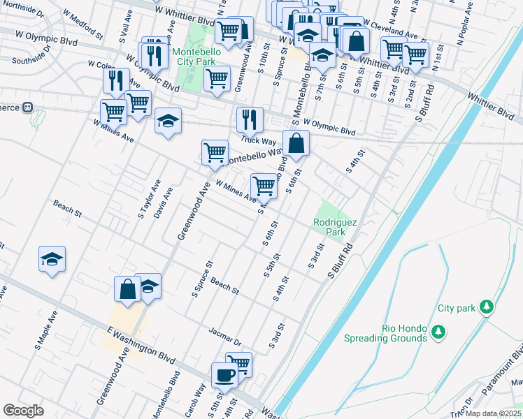 map of restaurants, bars, coffee shops, grocery stores, and more near 805 West mines Avenue in Montebello