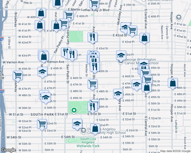 map of restaurants, bars, coffee shops, grocery stores, and more near 631 East 46th Street in Los Angeles