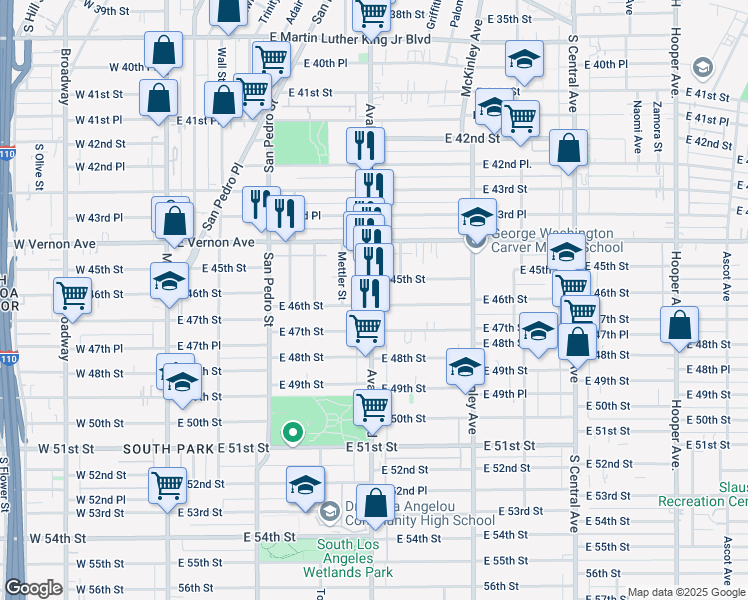 map of restaurants, bars, coffee shops, grocery stores, and more near 631 East 46th Street in Los Angeles