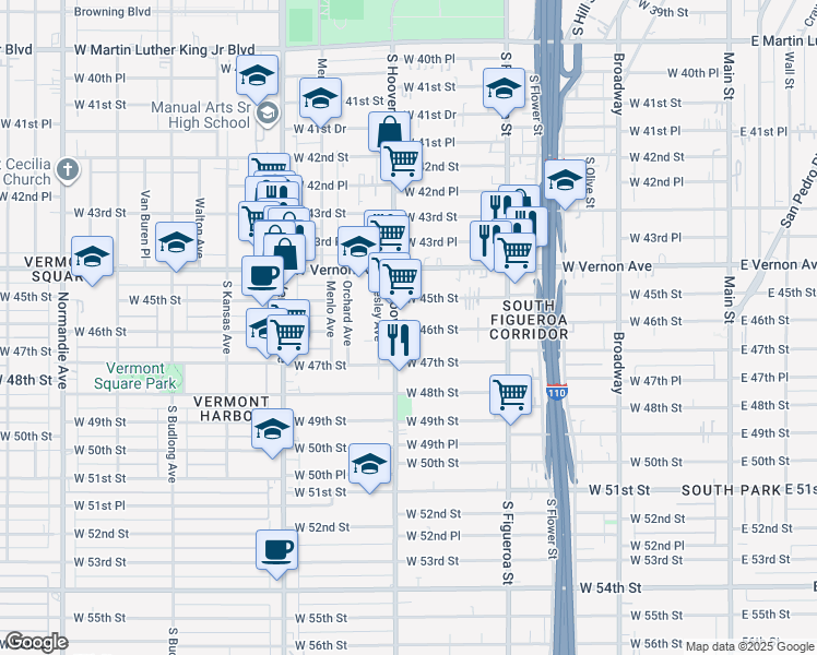 map of restaurants, bars, coffee shops, grocery stores, and more near 4530 South Hoover Street in Los Angeles