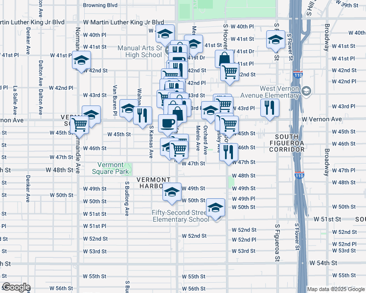 map of restaurants, bars, coffee shops, grocery stores, and more near 4521 Vermont Avenue in Los Angeles