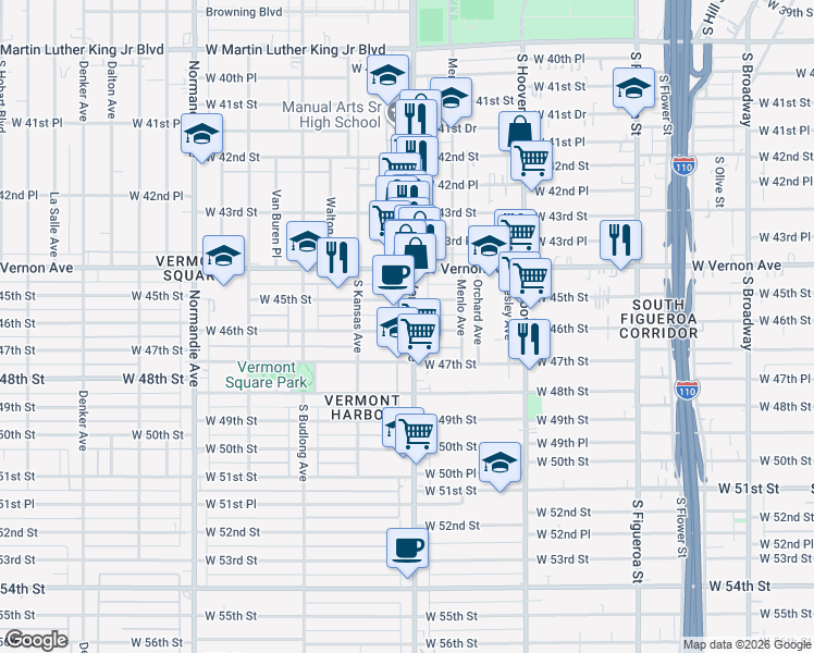 map of restaurants, bars, coffee shops, grocery stores, and more near 4521 Vermont Avenue in Los Angeles