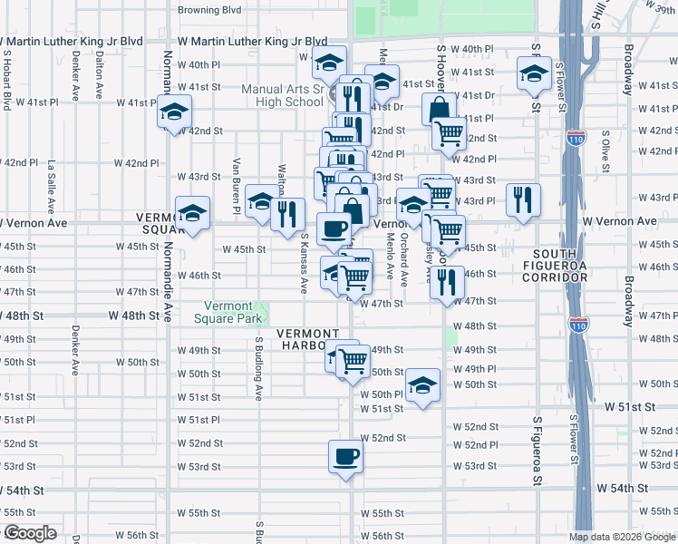 map of restaurants, bars, coffee shops, grocery stores, and more near 4521 Vermont Avenue in Los Angeles