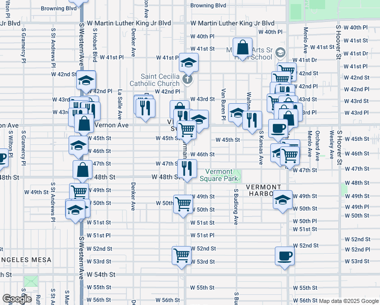 map of restaurants, bars, coffee shops, grocery stores, and more near 4527 Normandie Avenue in Los Angeles