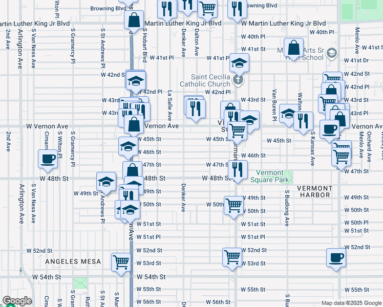 map of restaurants, bars, coffee shops, grocery stores, and more near 1497 West 46th Street in Los Angeles