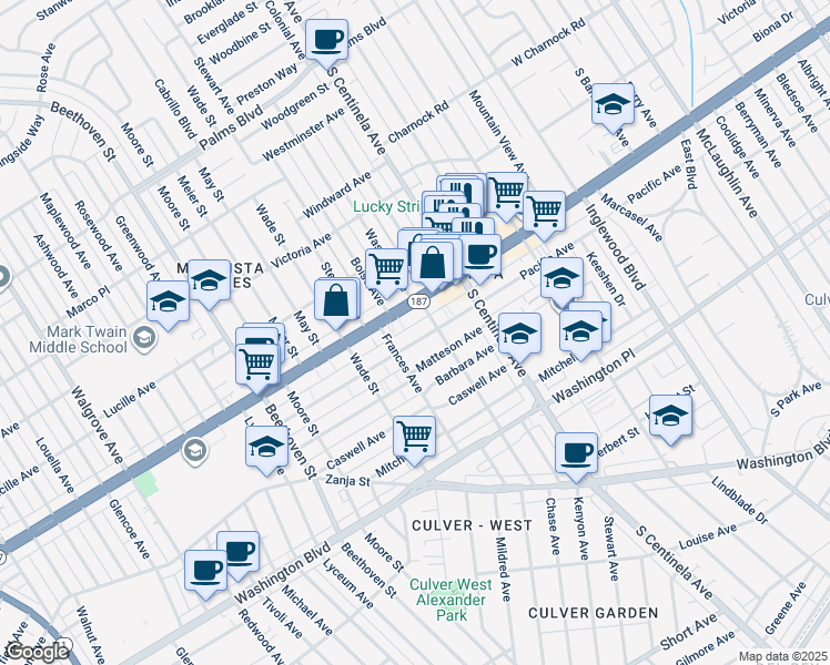 map of restaurants, bars, coffee shops, grocery stores, and more near 12518 Venice Boulevard in Los Angeles