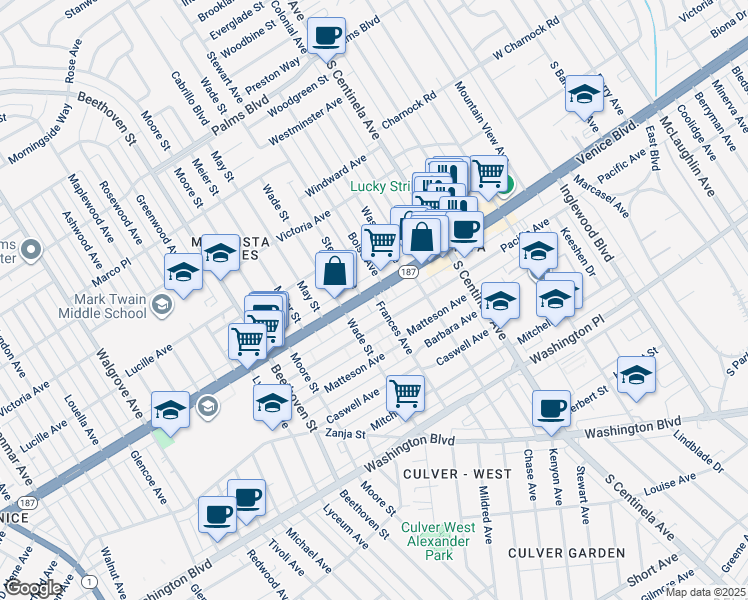 map of restaurants, bars, coffee shops, grocery stores, and more near 12623 Venice Boulevard in Los Angeles