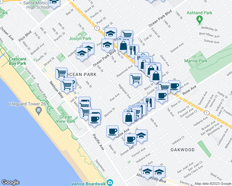map of restaurants, bars, coffee shops, grocery stores, and more near 2929 6th Street in Santa Monica