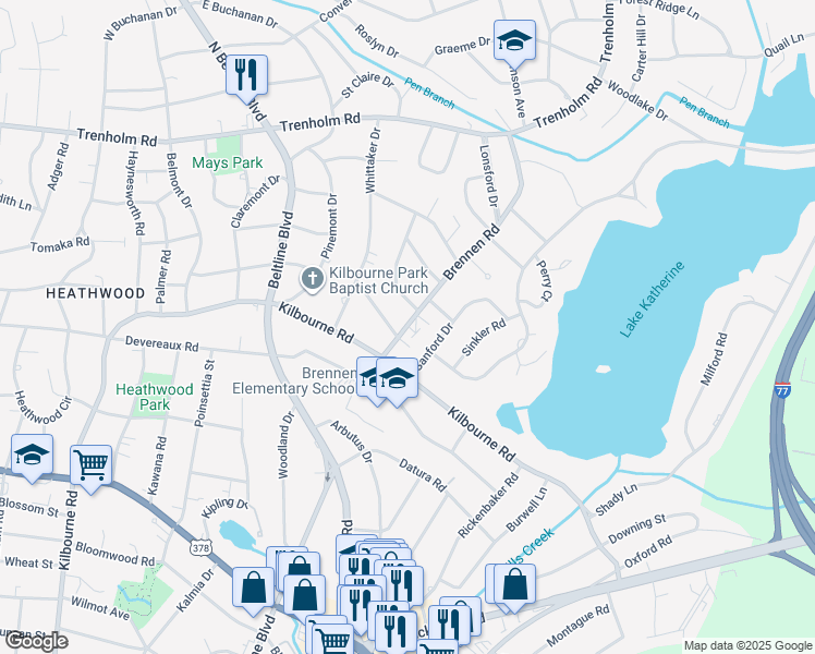 map of restaurants, bars, coffee shops, grocery stores, and more near 1313 Brennen Road in Columbia