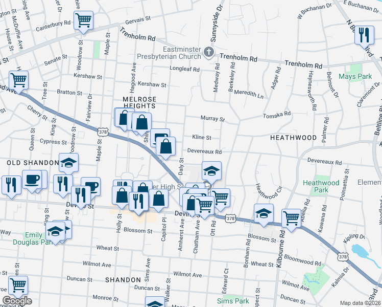 map of restaurants, bars, coffee shops, grocery stores, and more near 3204 Devereaux Road in Columbia
