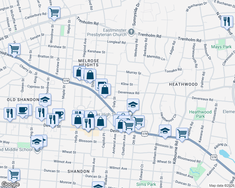 map of restaurants, bars, coffee shops, grocery stores, and more near 3204 Devereaux Road in Columbia