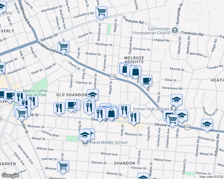 map of restaurants, bars, coffee shops, grocery stores, and more near 927 Maple Street in Columbia