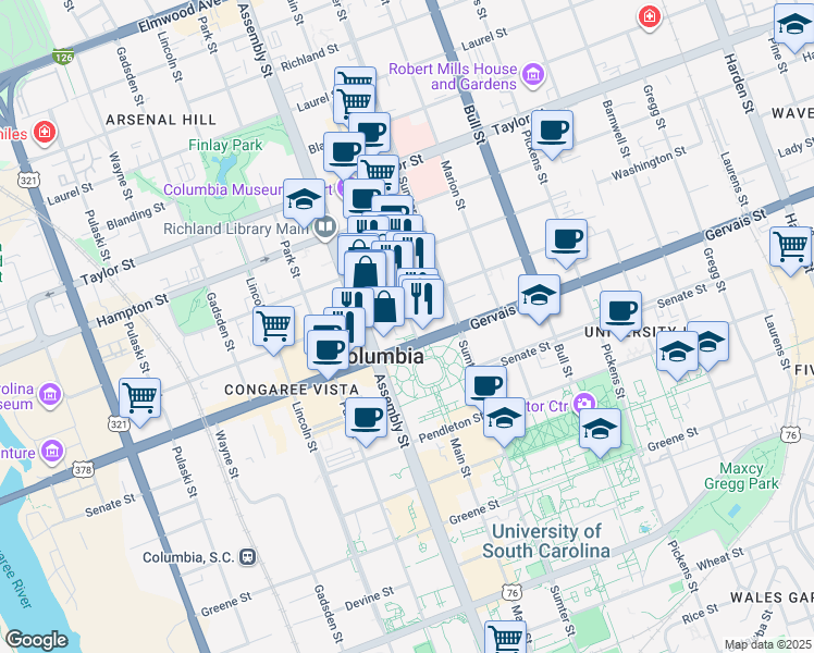 map of restaurants, bars, coffee shops, grocery stores, and more near 1122 Lady Street in Columbia