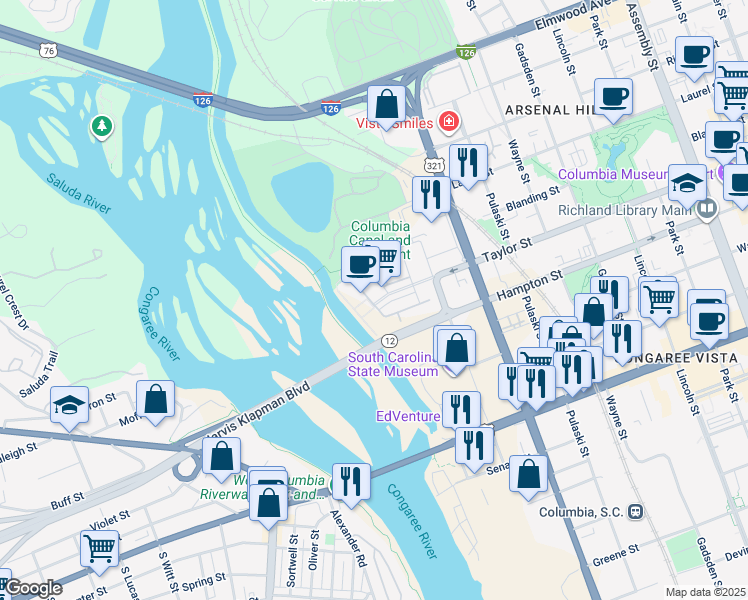map of restaurants, bars, coffee shops, grocery stores, and more near 338a Taylor Street in Columbia