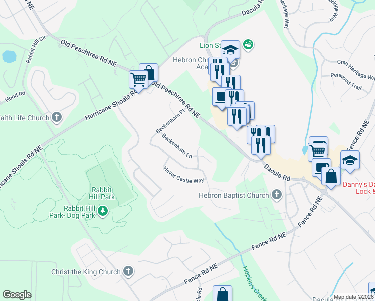 map of restaurants, bars, coffee shops, grocery stores, and more near 281 Beckenham Lane in Dacula