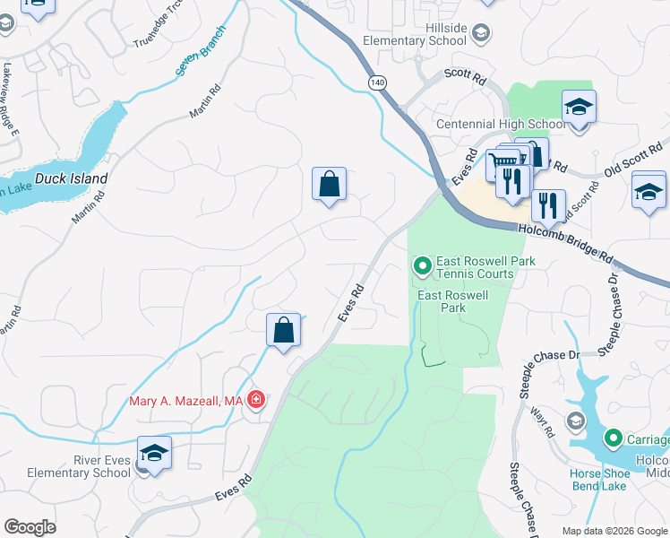map of restaurants, bars, coffee shops, grocery stores, and more near 1975 Glen Eves Drive in Roswell