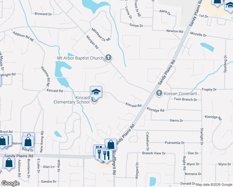 map of restaurants, bars, coffee shops, grocery stores, and more near 1515 Kincaid Road in Marietta