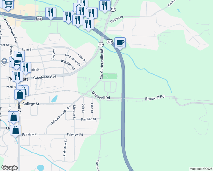 map of restaurants, bars, coffee shops, grocery stores, and more near 150 Nicole Circle in Rockmart