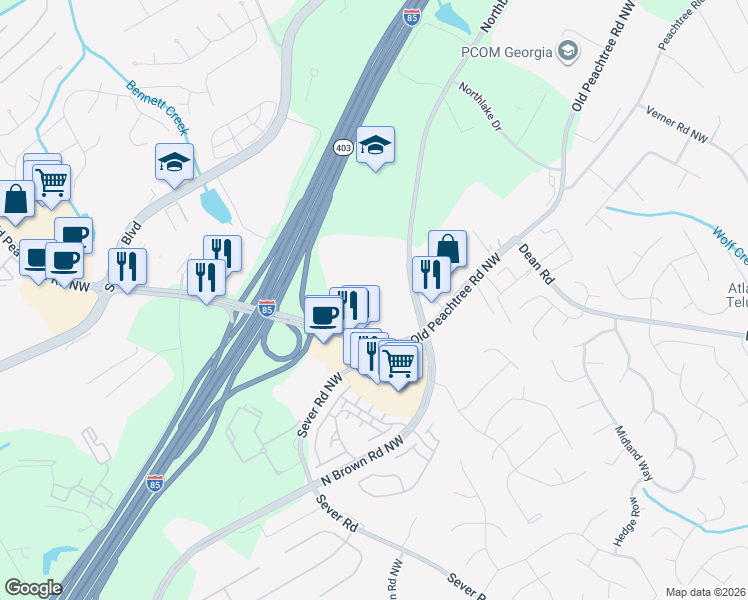 map of restaurants, bars, coffee shops, grocery stores, and more near 1045 Old Peachtree Road Northwest in Suwanee