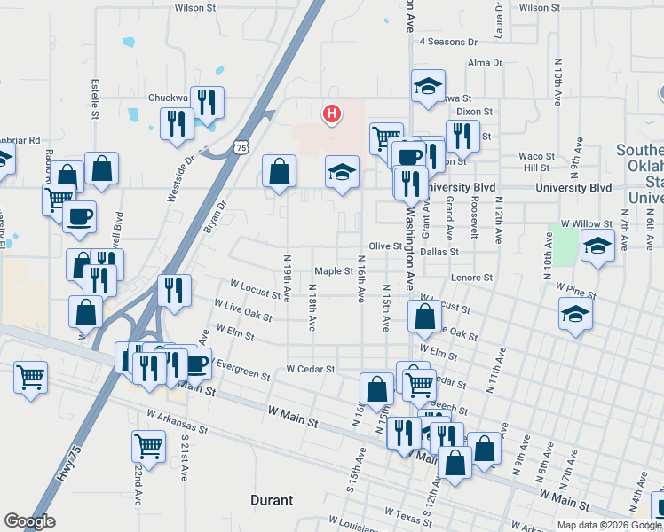 map of restaurants, bars, coffee shops, grocery stores, and more near 1720 Maple Street in Durant
