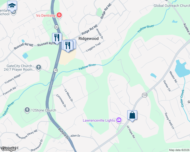 map of restaurants, bars, coffee shops, grocery stores, and more near 749 Lauren Circle in Lawrenceville