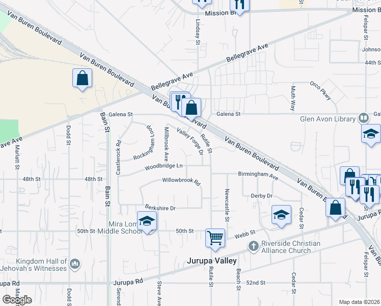map of restaurants, bars, coffee shops, grocery stores, and more near 4756 Foxborough Court in Riverside