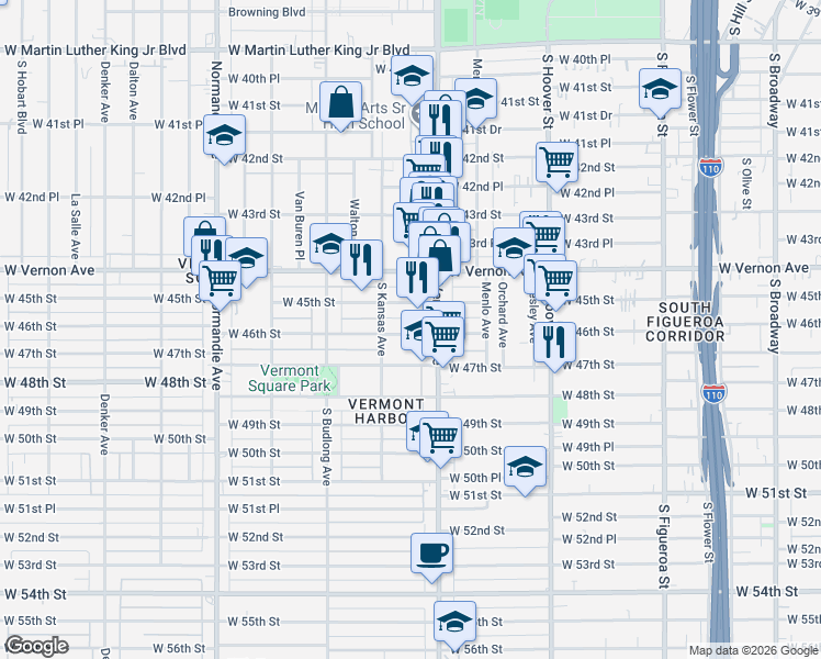 map of restaurants, bars, coffee shops, grocery stores, and more near 1041 West 46th Street in Los Angeles
