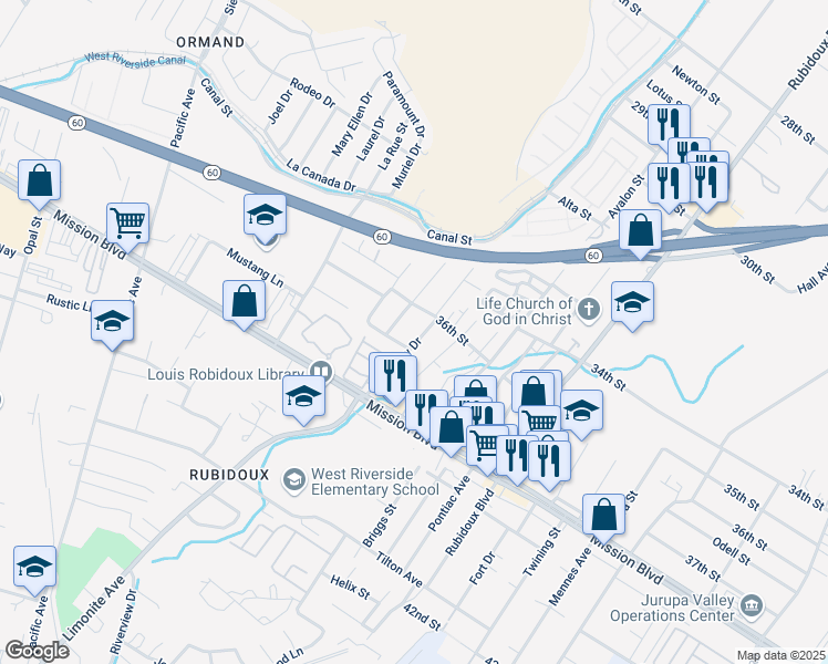 map of restaurants, bars, coffee shops, grocery stores, and more near 3658 Grandview Avenue in Riverside