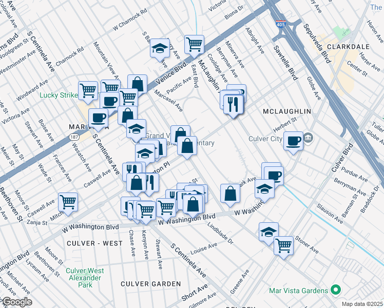 map of restaurants, bars, coffee shops, grocery stores, and more near 4020 Inglewood Boulevard in Los Angeles
