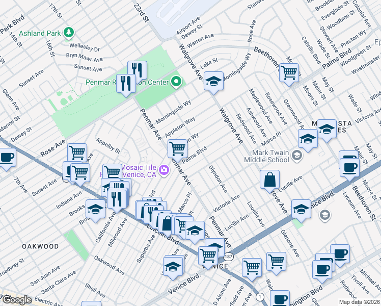 map of restaurants, bars, coffee shops, grocery stores, and more near 1239 Palms Boulevard in Los Angeles