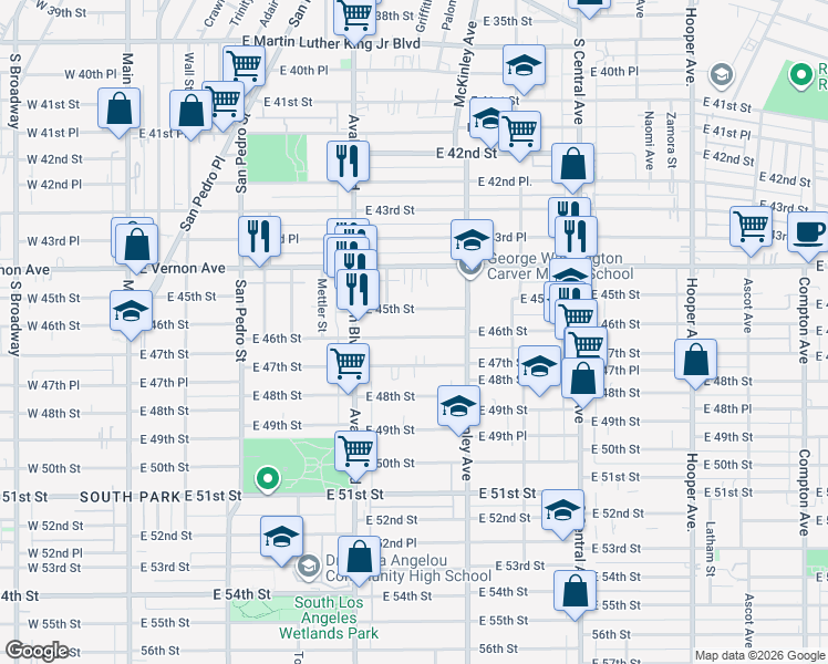 map of restaurants, bars, coffee shops, grocery stores, and more near 725 East 46th Street in Los Angeles