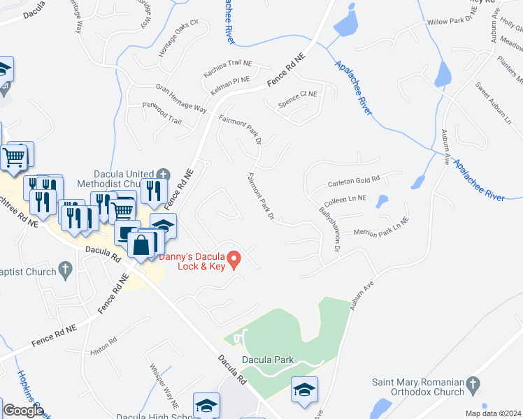 map of restaurants, bars, coffee shops, grocery stores, and more near 822 Fairmont Park Drive in Dacula