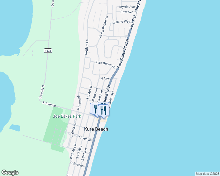 map of restaurants, bars, coffee shops, grocery stores, and more near 309 Fort Fisher Boulevard North in Kure Beach